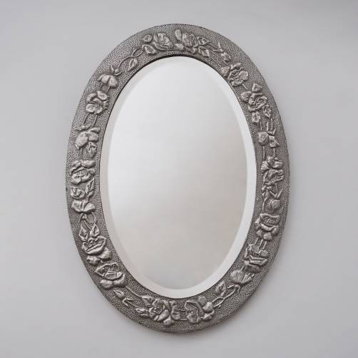 Antique Arts & Crafts oval wall mirror, `poppies`, pewter, Keswick style, 1900`s ca, English